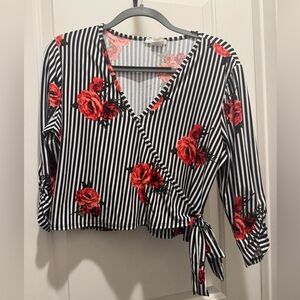 Elegant Black and Red Floral Striped Wrap Blouse